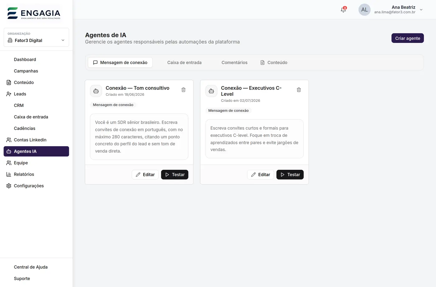 Tela dos agentes de IA da Engagia, com o prompt editável de cada um