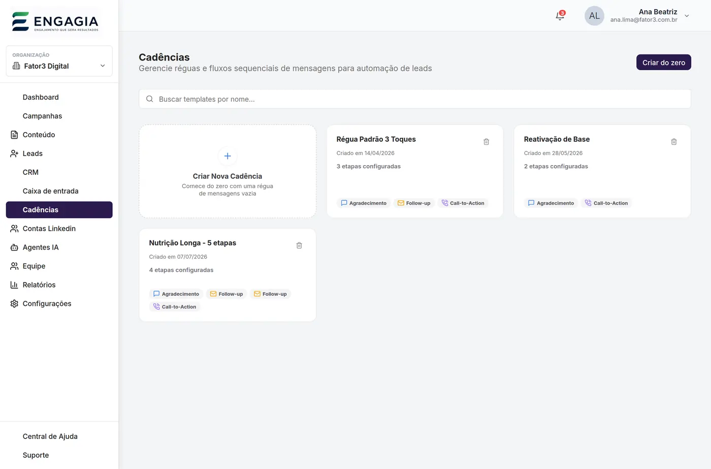 Editor de cadência de mensagens da Engagia, com interrupção automática na resposta